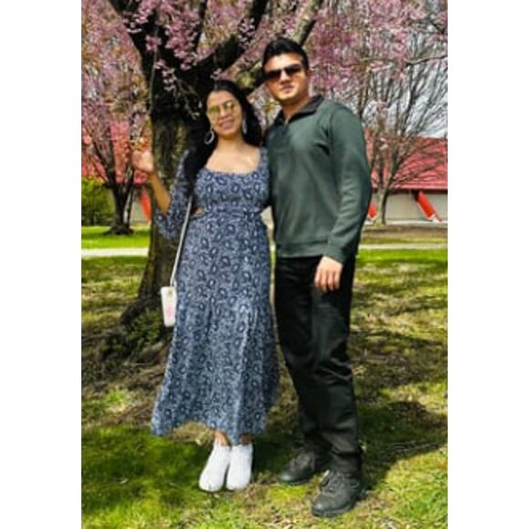 Lulus Blissful Sweetie Navy Blue Paisley Tiered Waist Cutouts Midi Dres Size M - Picture 10 of 11